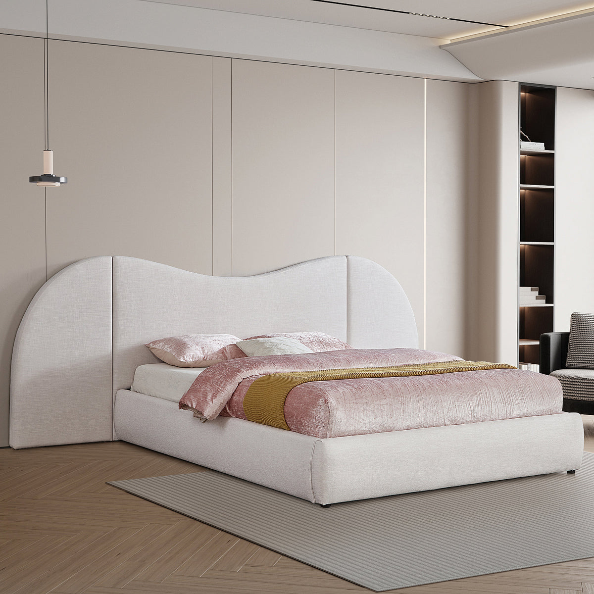 Everest Cream Linen Textured Fabric Upholstered Bed