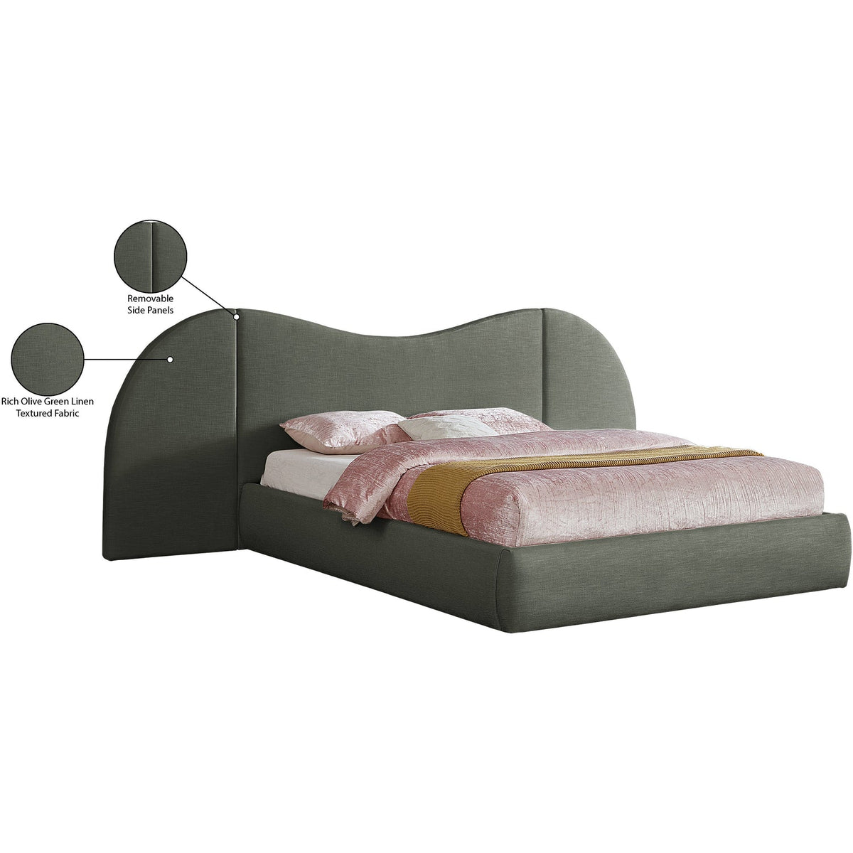 Everest Olive Green Linen Textured Fabric Upholstered Bed