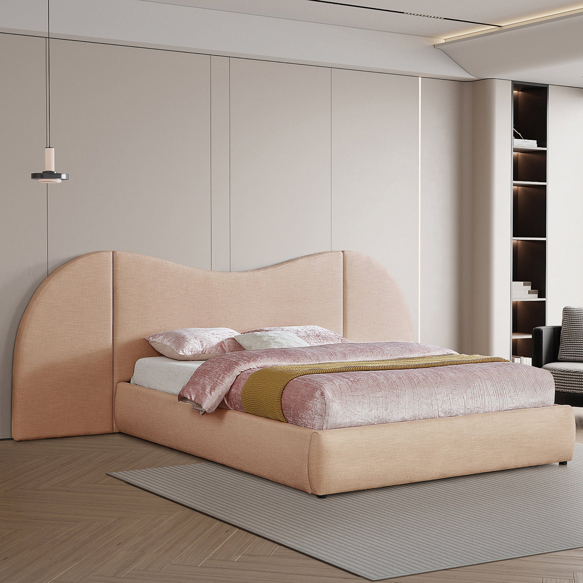 Everest Tan Linen Textured Fabric Upholstered Bed