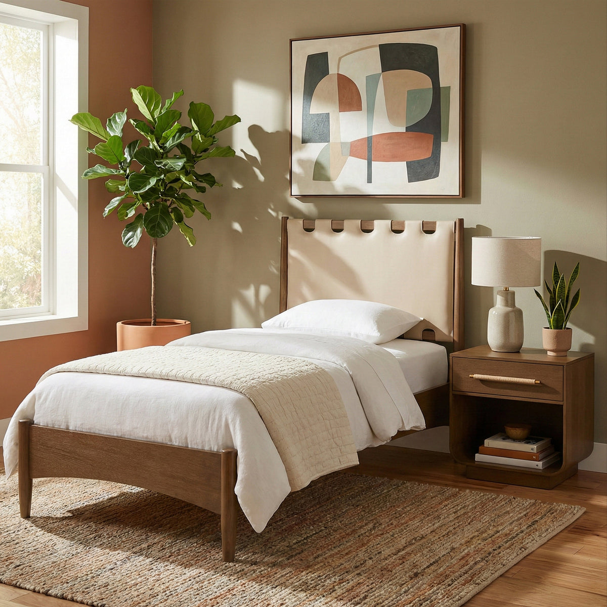 Santos Beige Vegan Leather Headboard And Wood Bed