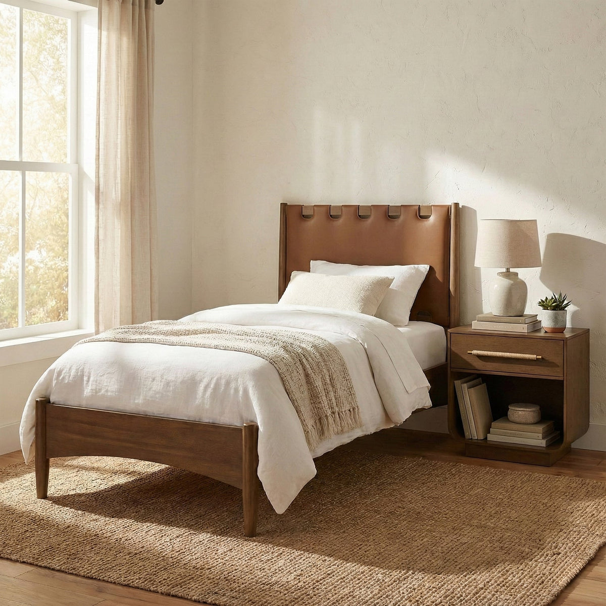 Santos Brown Vegan Leather Headboard And Wood Bed