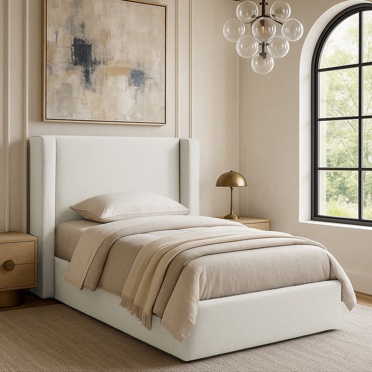 Kendall Cream Linen Textured Fabric Upholstered Bed