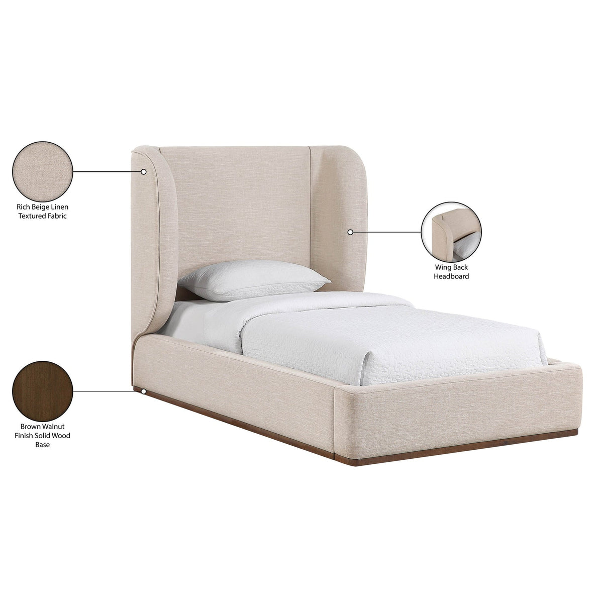 Aurin Beige Linen Textured Fabric Upholstered Bed