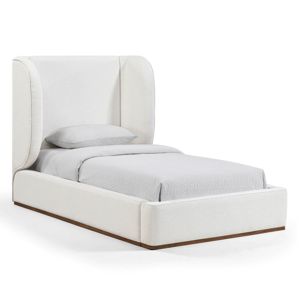Aurin Cream Linen Textured Fabric Upholstered Bed in Cream, brown walnut finish solid wood base, primary product view