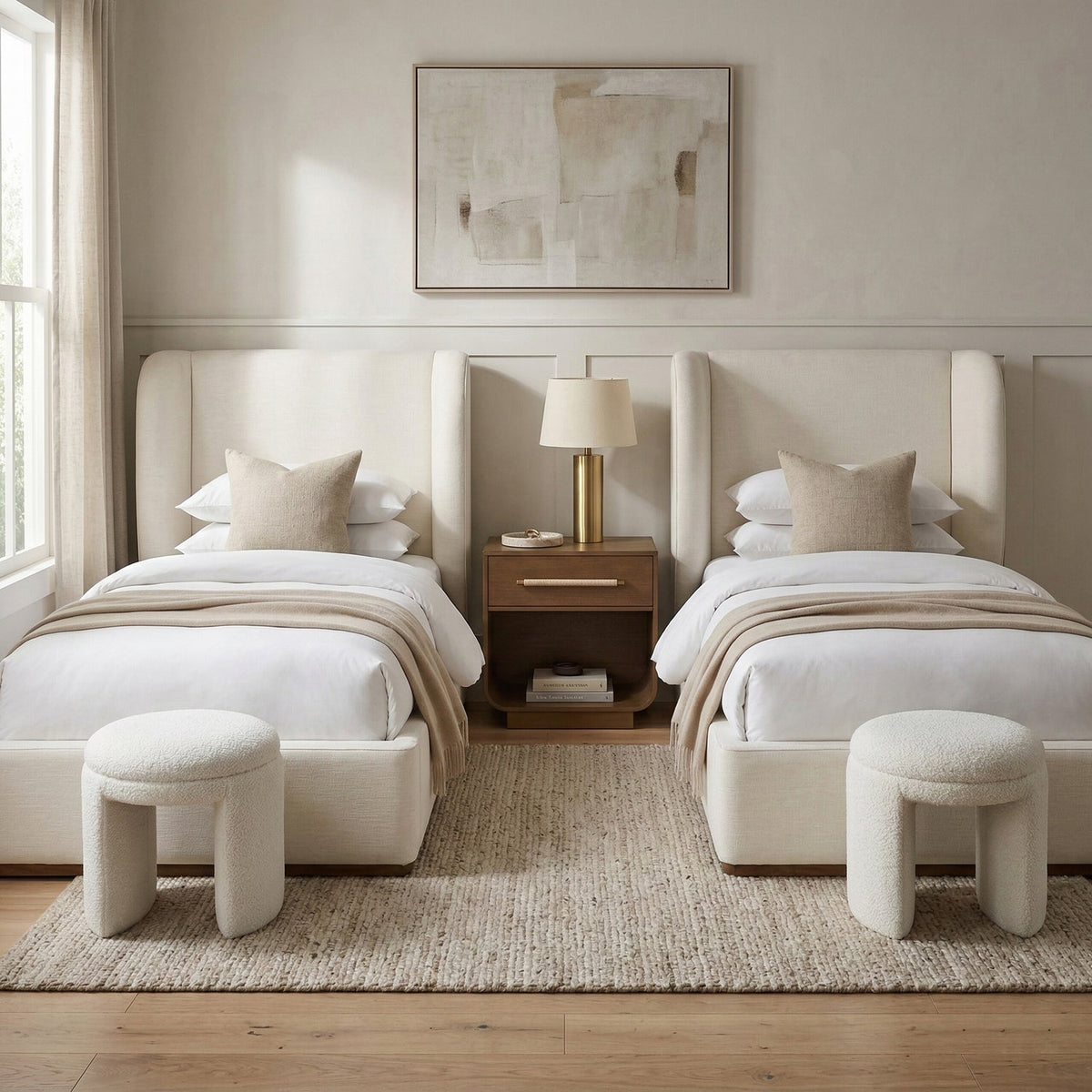Aurin Cream Linen Textured Fabric Upholstered Bed