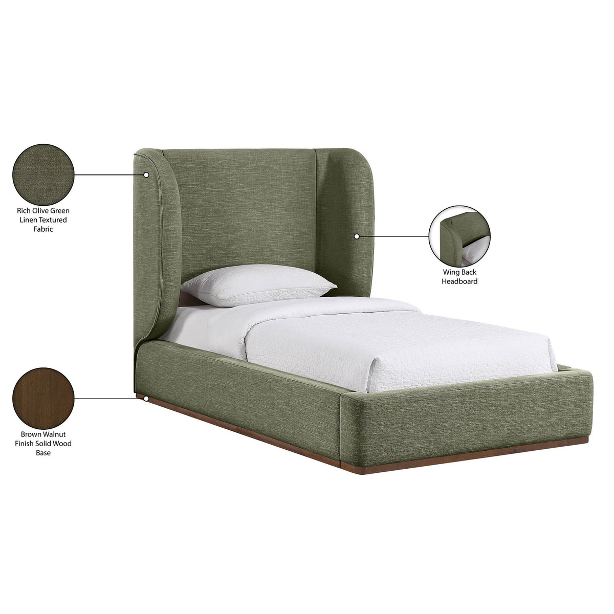 Aurin Olive Green Linen Textured Fabric Upholstered Bed