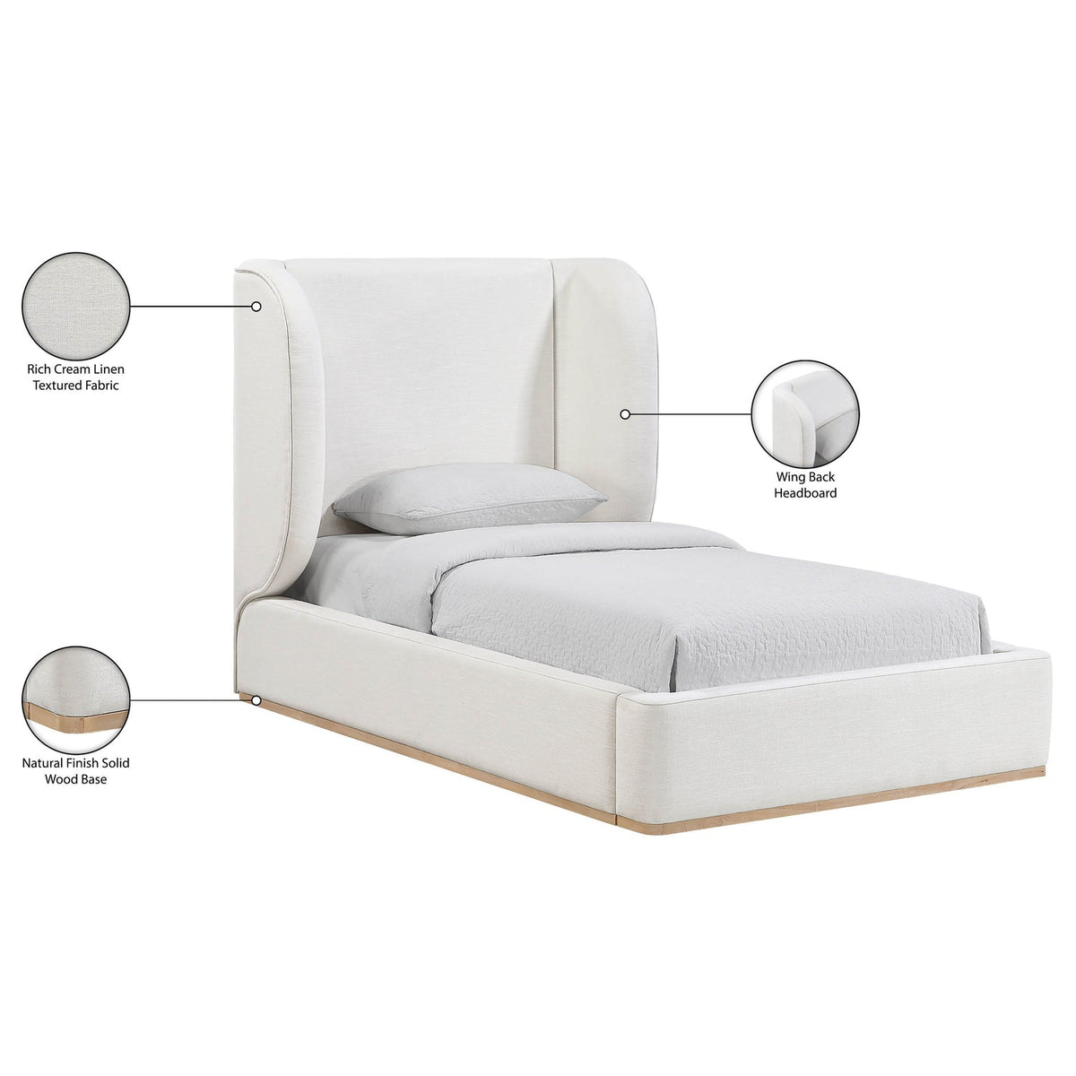 Aurin Cream Linen Textured Fabric Upholstered Bed