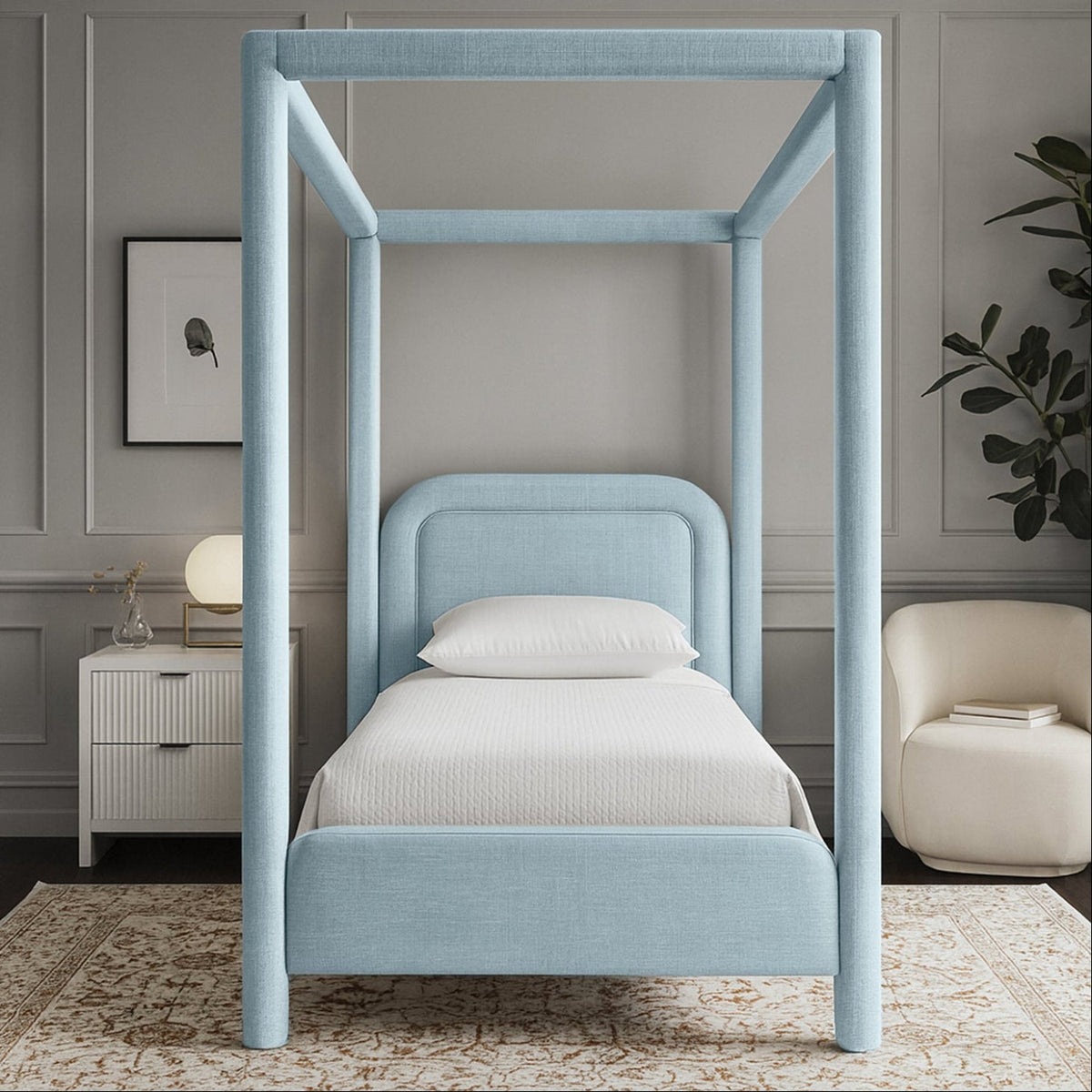 Salina Light Blue Linen Textured Fabric Upholstered Bed