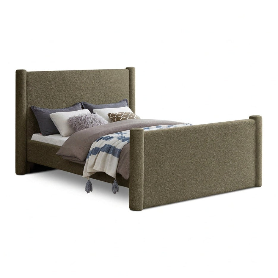 Elias Olive Green Boucle Fabric Upholstered Bed