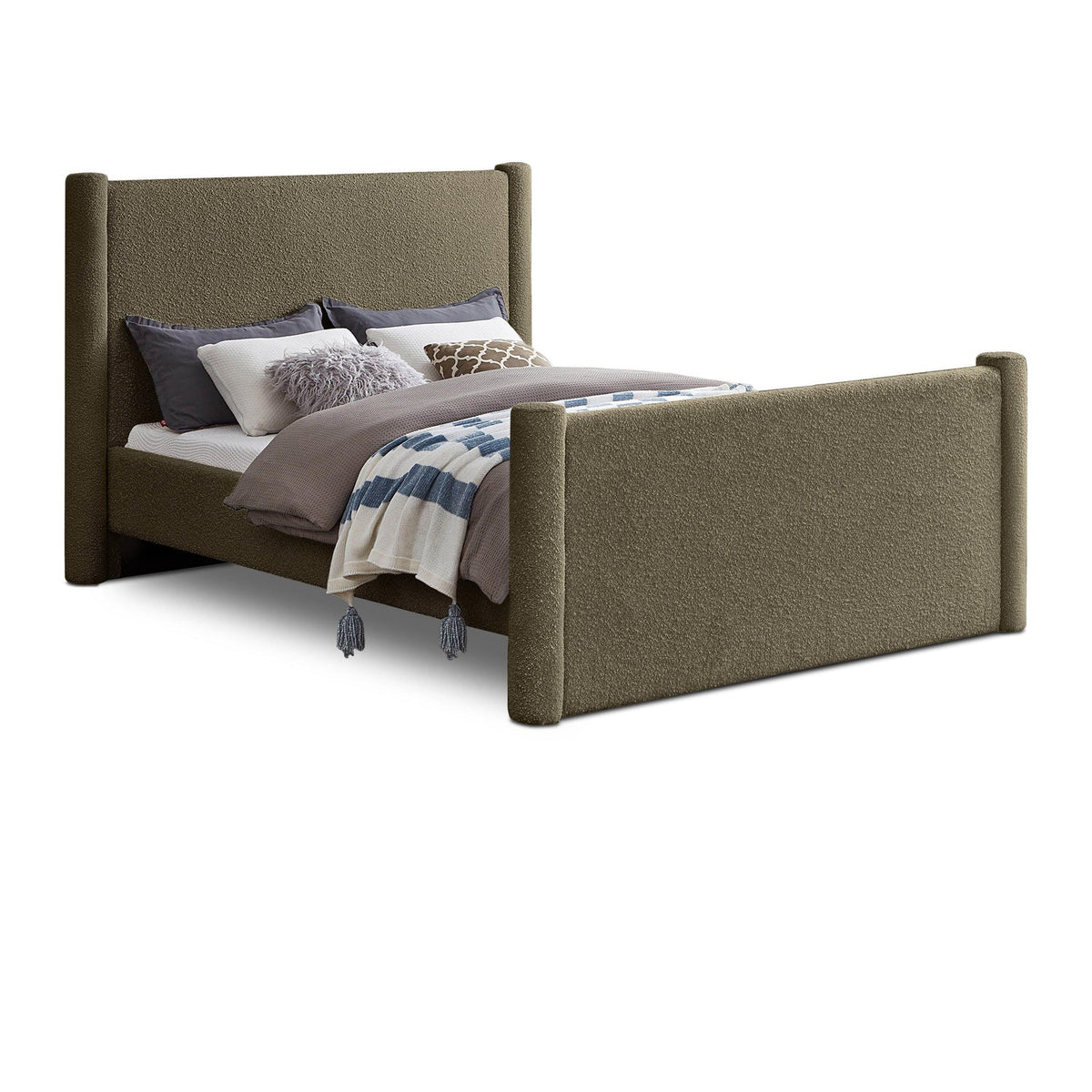 Elias Olive Green Boucle Fabric Upholstered Bed