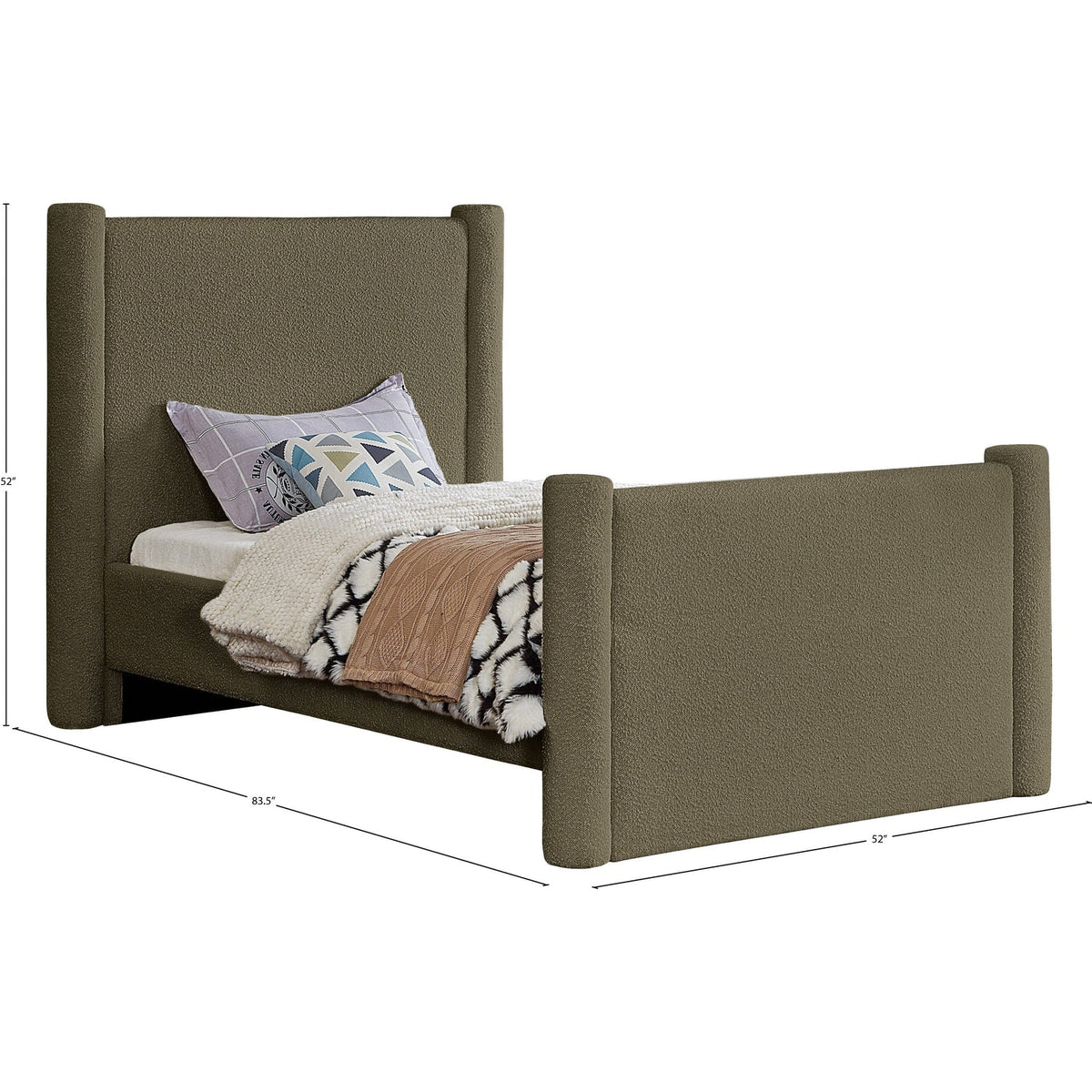Elias Olive Green Boucle Fabric Upholstered Bed
