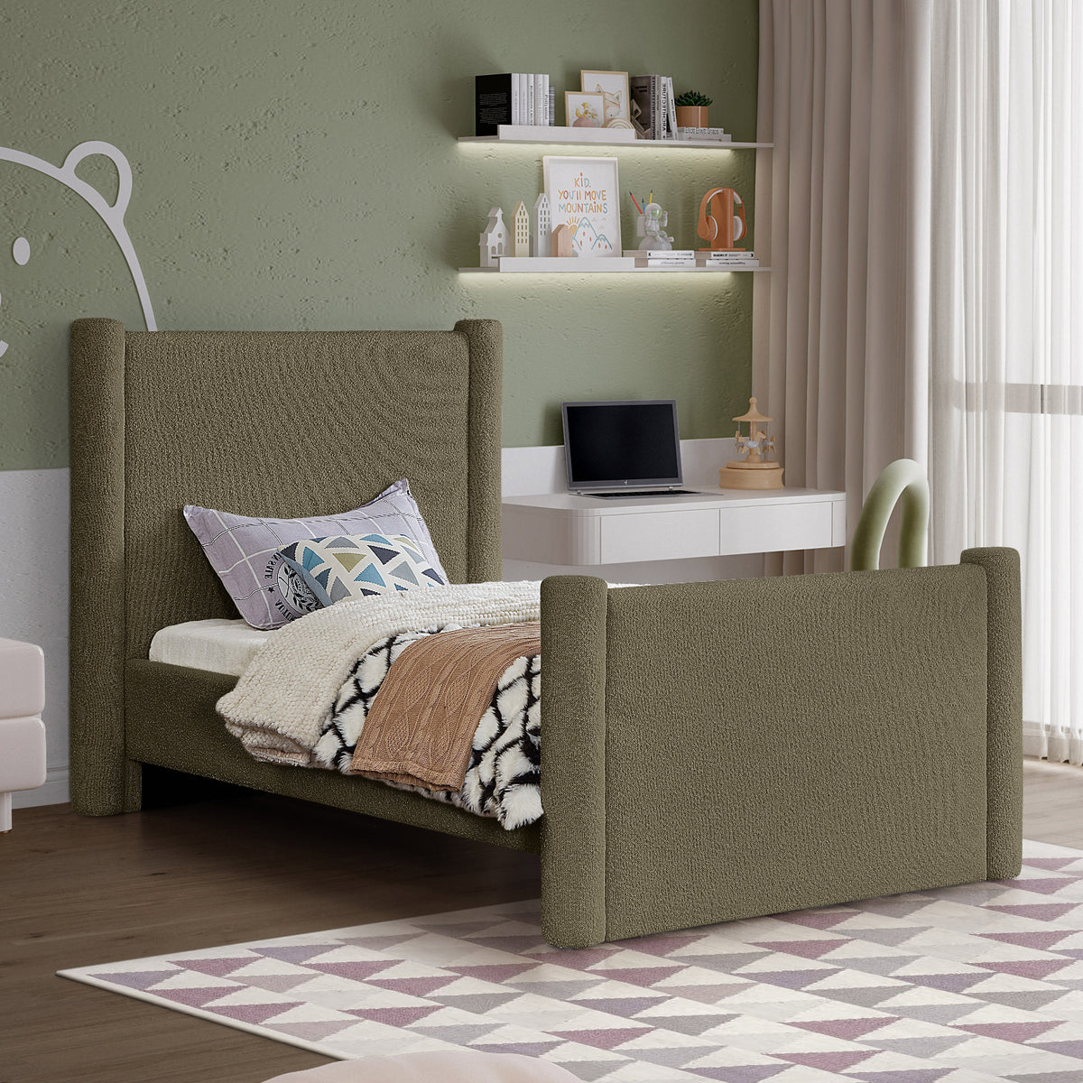 Elias Olive Green Boucle Fabric Upholstered Bed