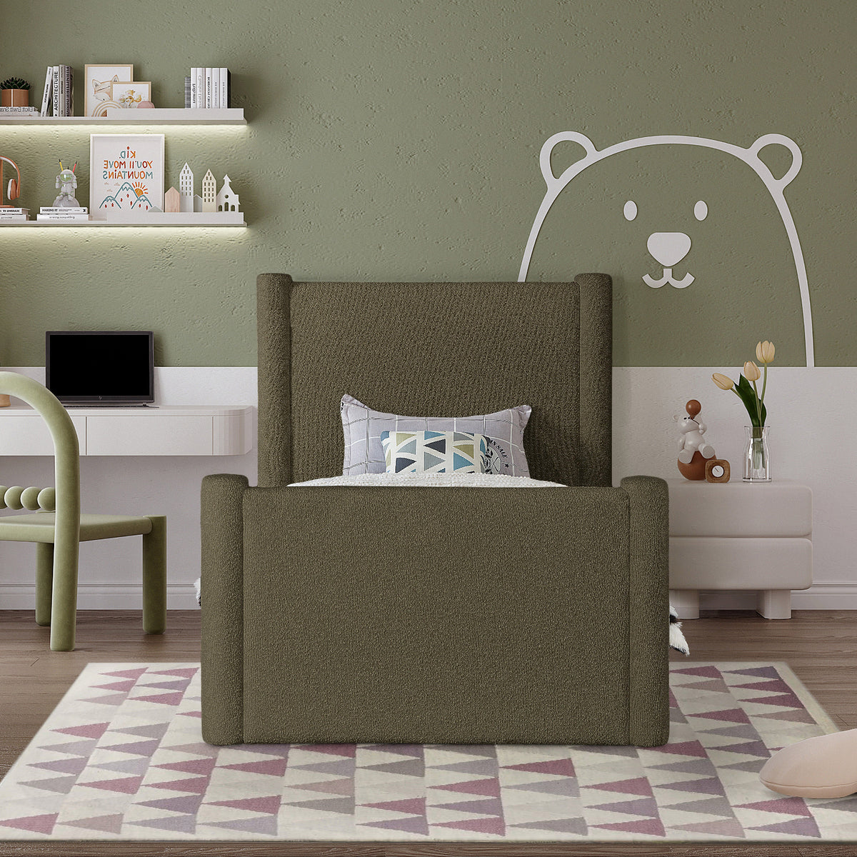 Elias Olive Green Boucle Fabric Upholstered Bed