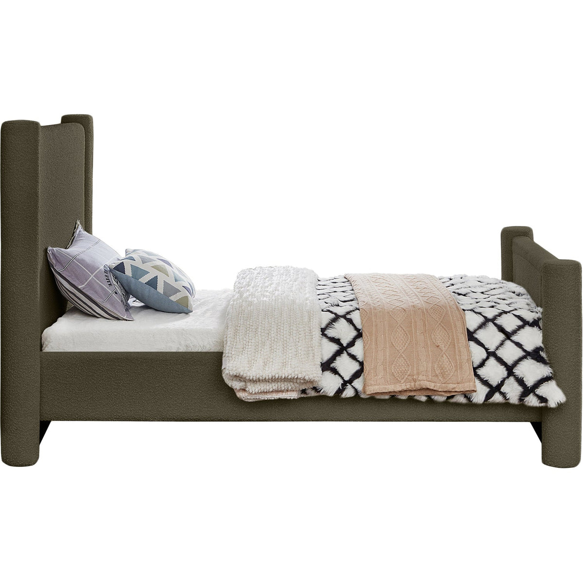 Elias Olive Green Boucle Fabric Upholstered Bed