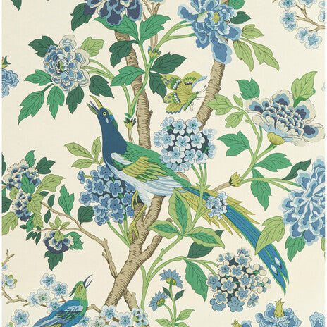 G P & J Baker Hydrangea Bird Emerald/Blue Wallpaper