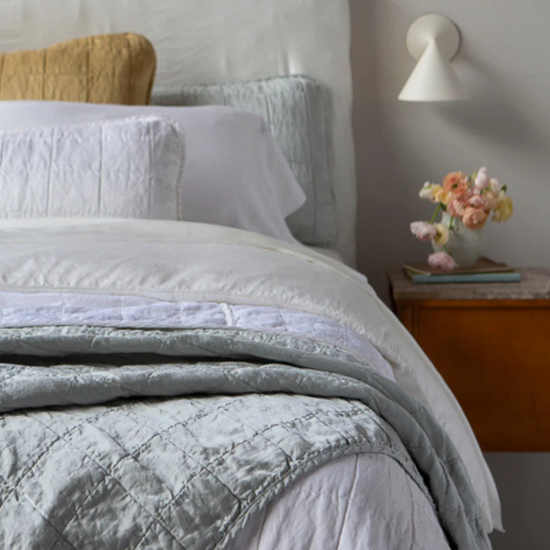 Bella Notte Sel Throw Blanket in quilted charmeuse, shown draped for a soft, layered look
