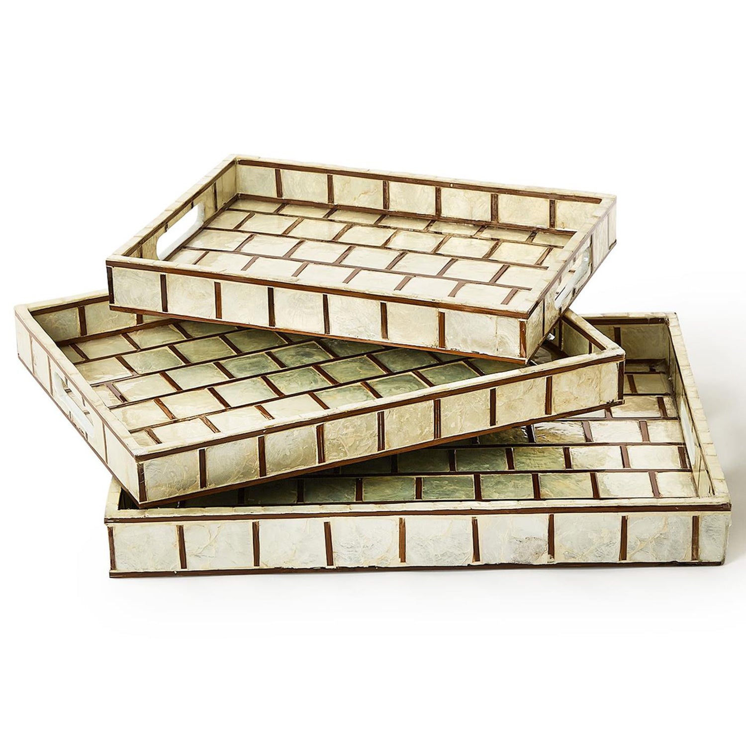 Hand Inlaid Bamboo/Capiz Shell Rectangle Tray with Open Handles Set of 3