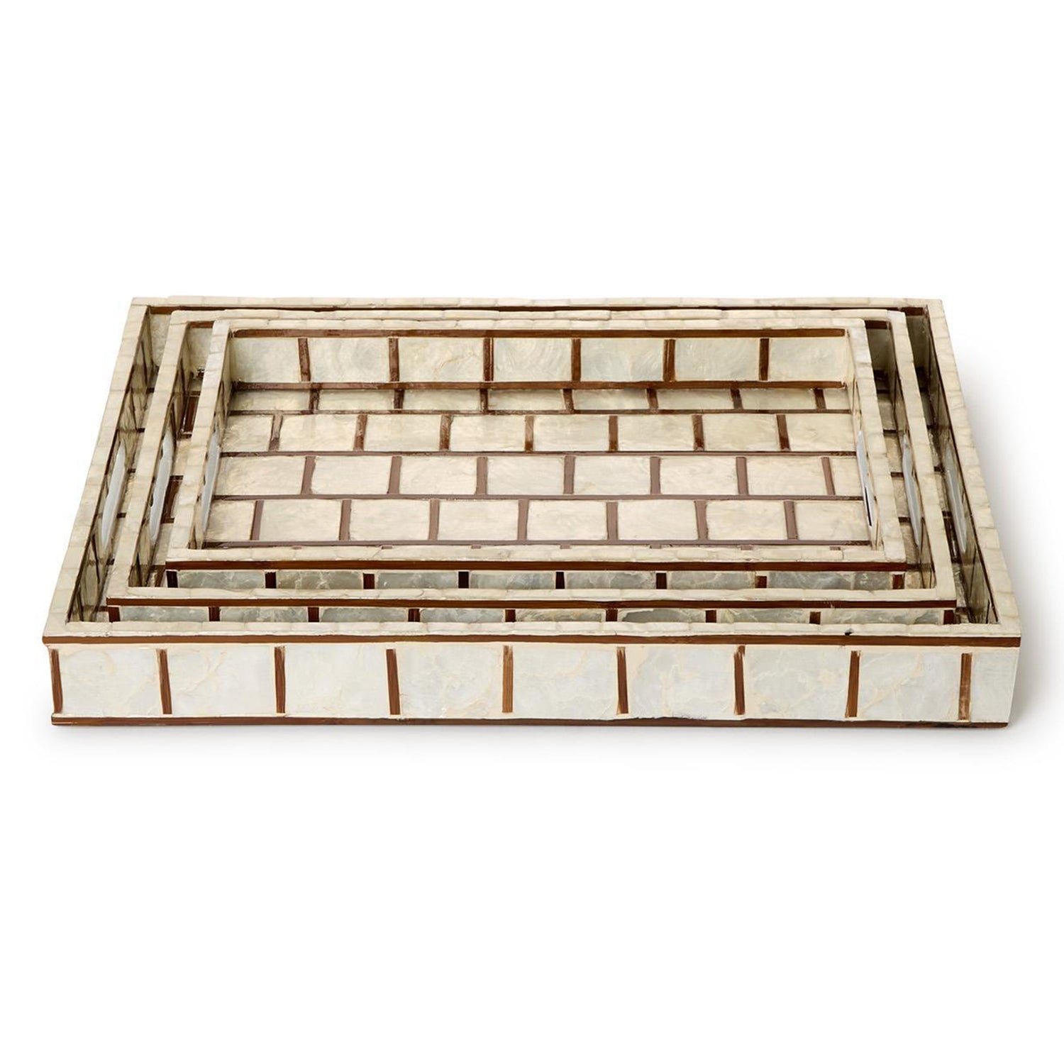 Hand Inlaid Bamboo/Capiz Shell Rectangle Tray with Open Handles Set of 3