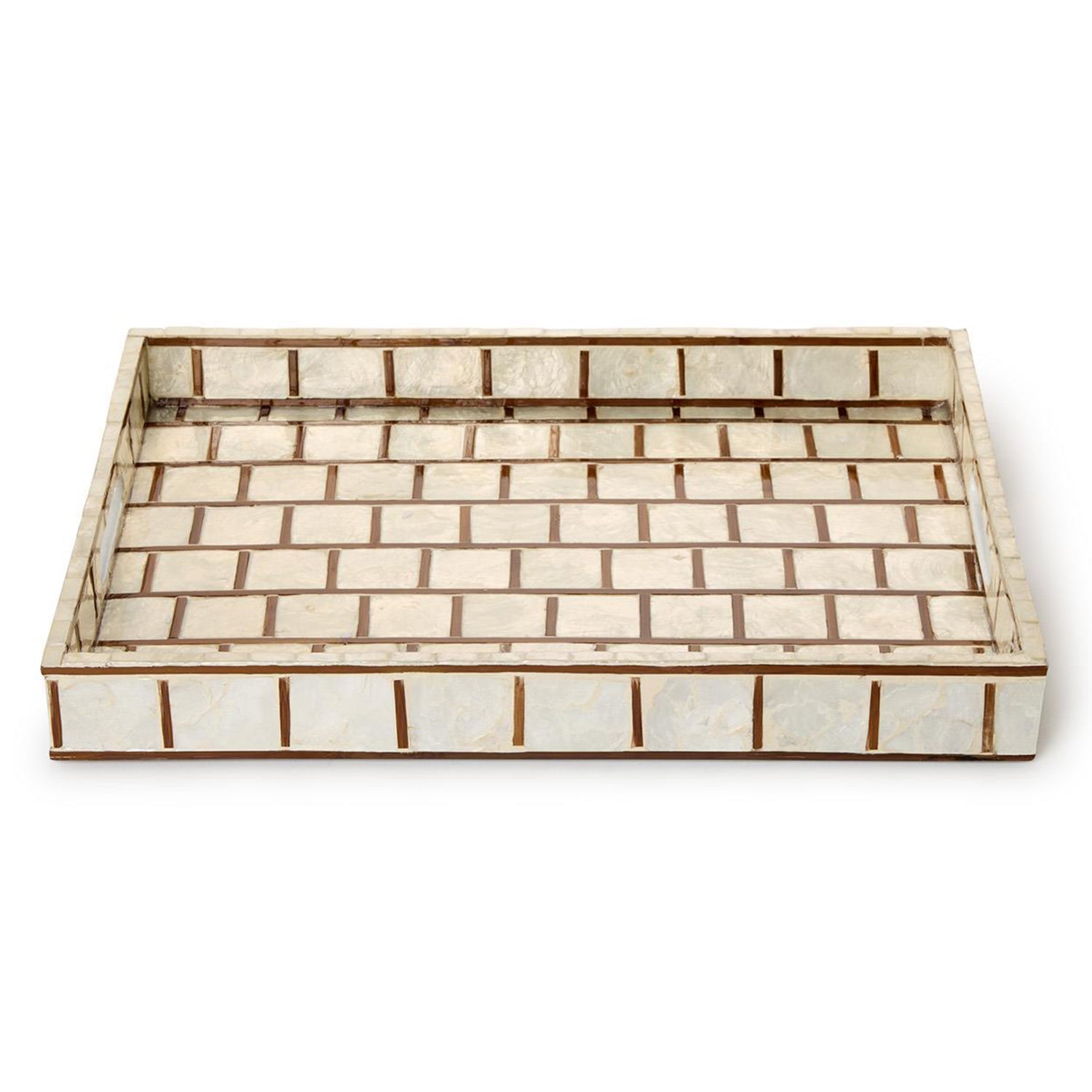 Hand Inlaid Bamboo/Capiz Shell Rectangle Tray with Open Handles Set of 3