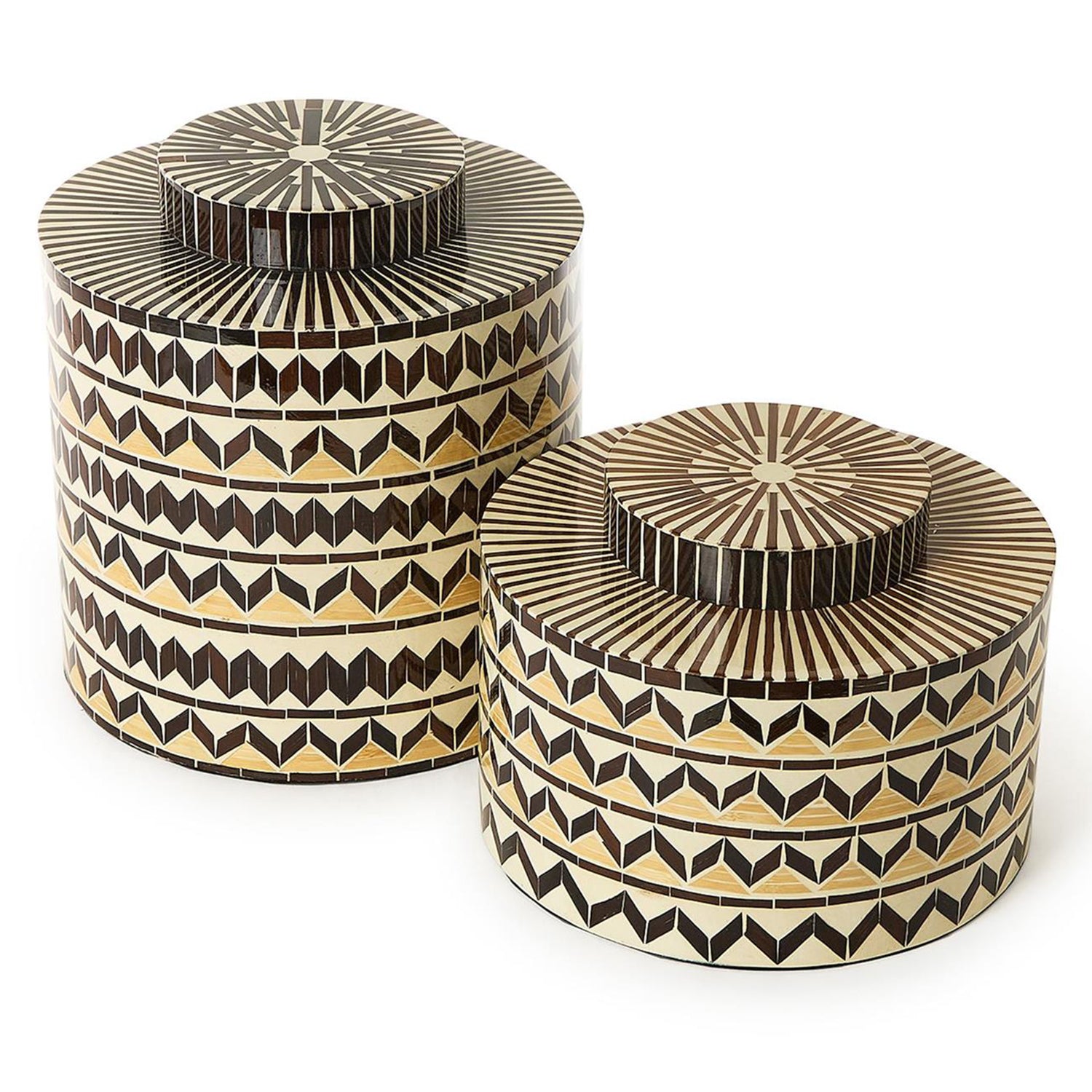 Earth Tone Patterned Artisan Crafted Covered Jar Set of 2