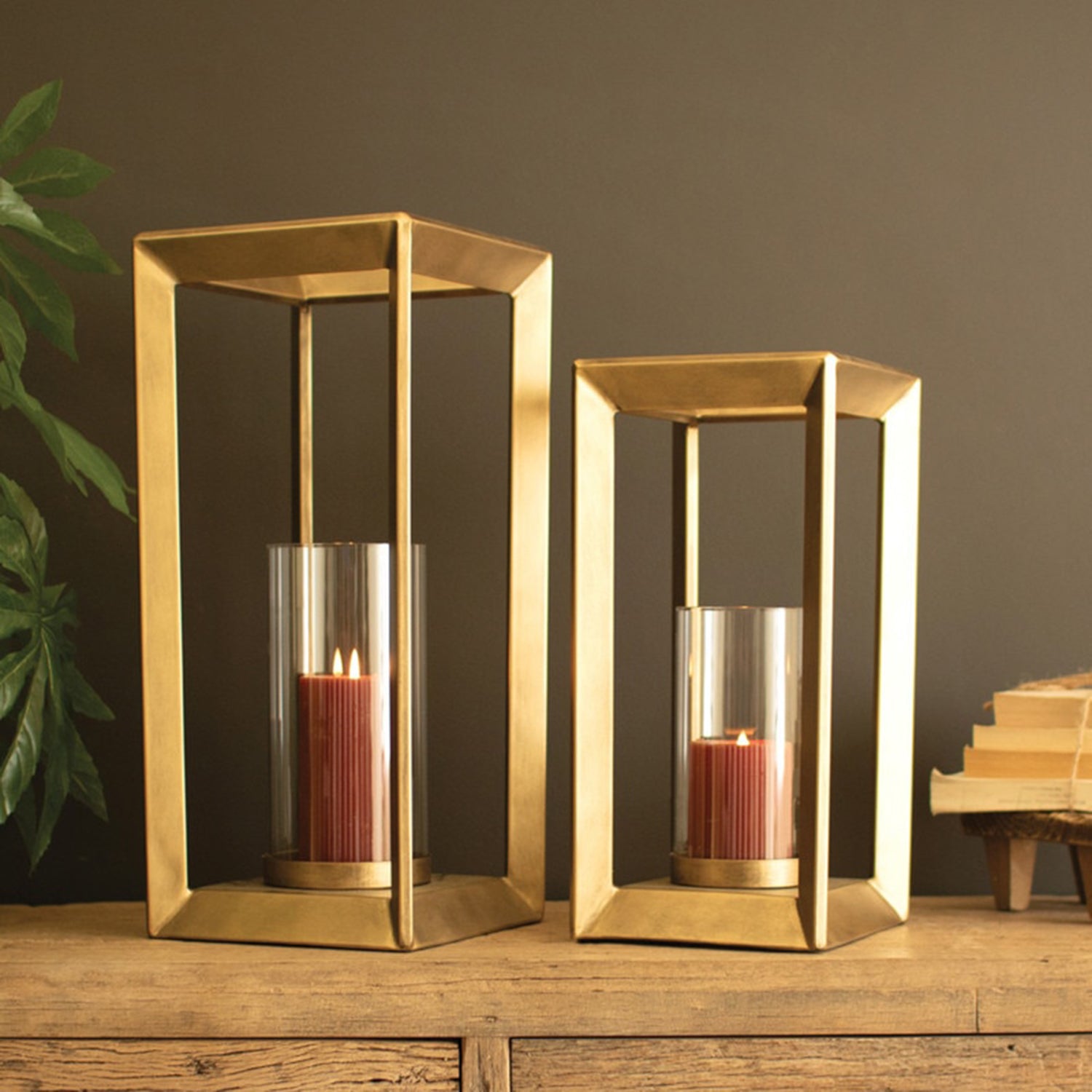 Metal Framed Lantern Clear Glass Hurricane Set of 2