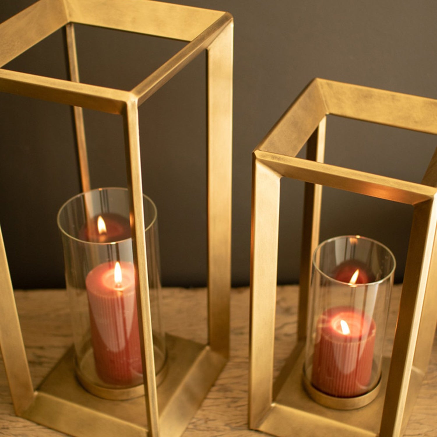 Metal Framed Lantern Clear Glass Hurricane Set of 2