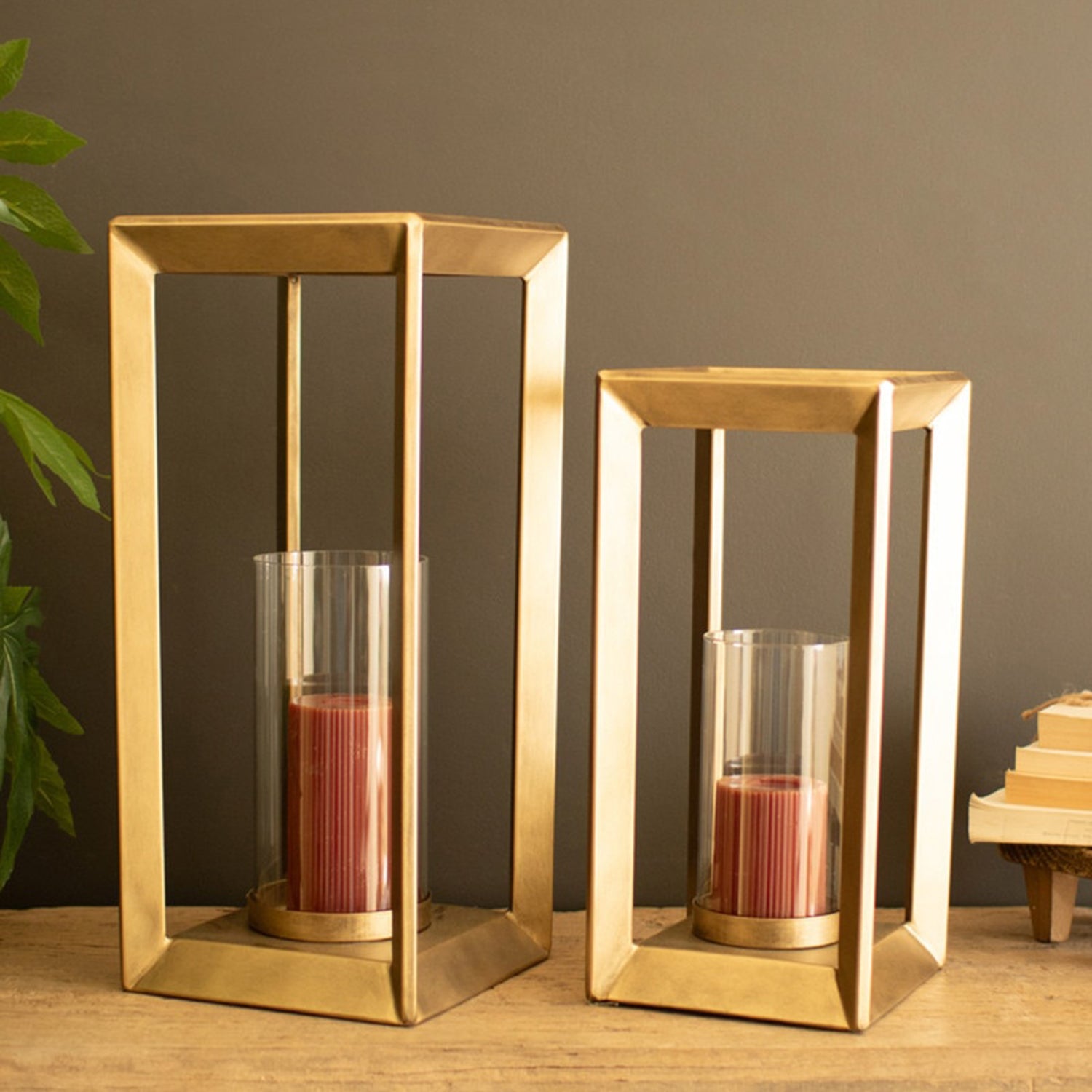 Metal Framed Lantern Clear Glass Hurricane Set of 2