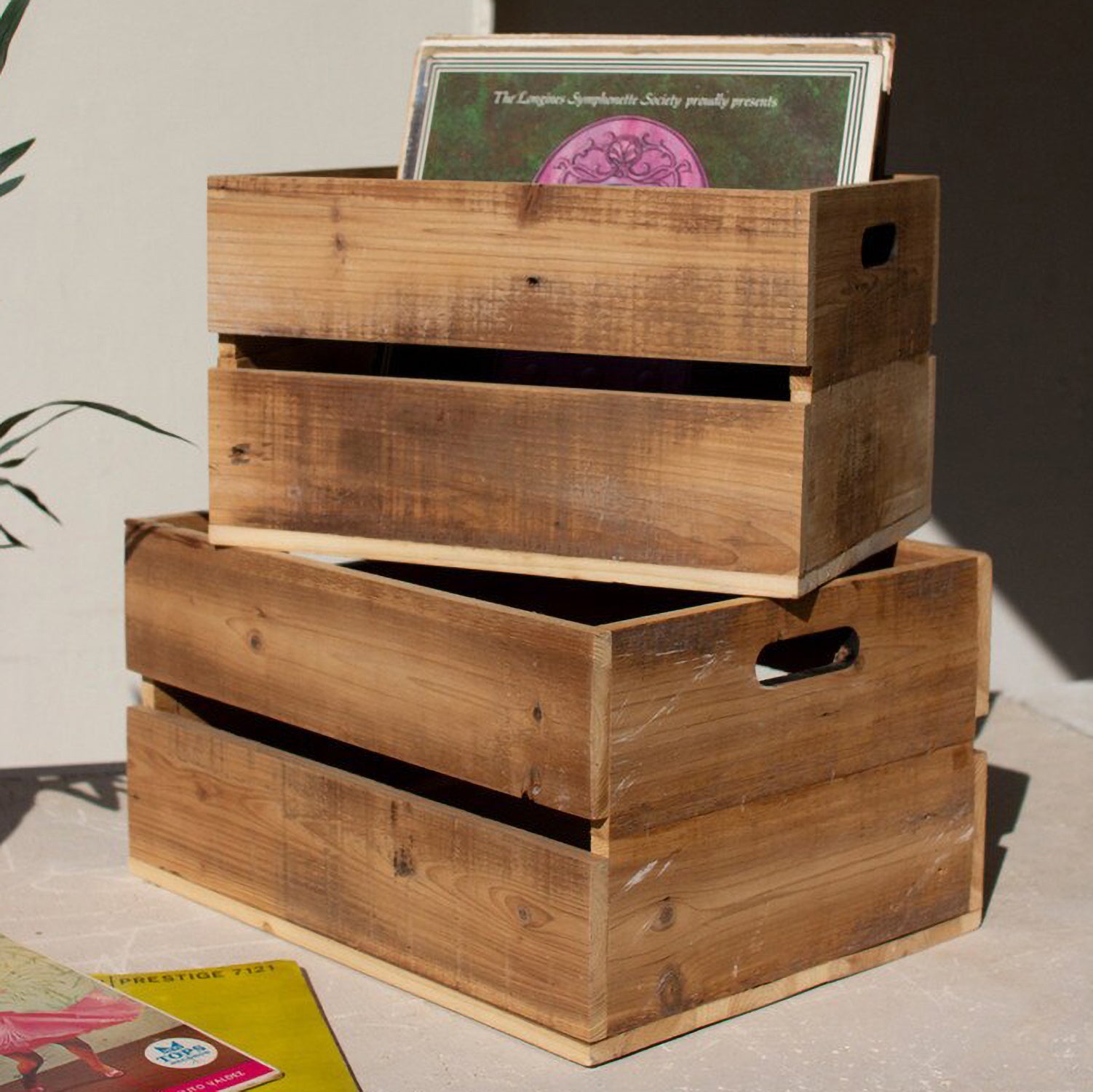 Natural Finish Slatted Wooden Crate Set of 2
