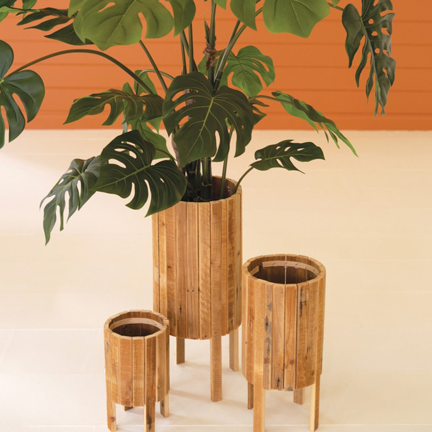 Round Recycled Wood Planter Set of 3