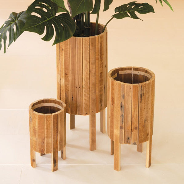 Round Recycled Wood Planter Set of 3