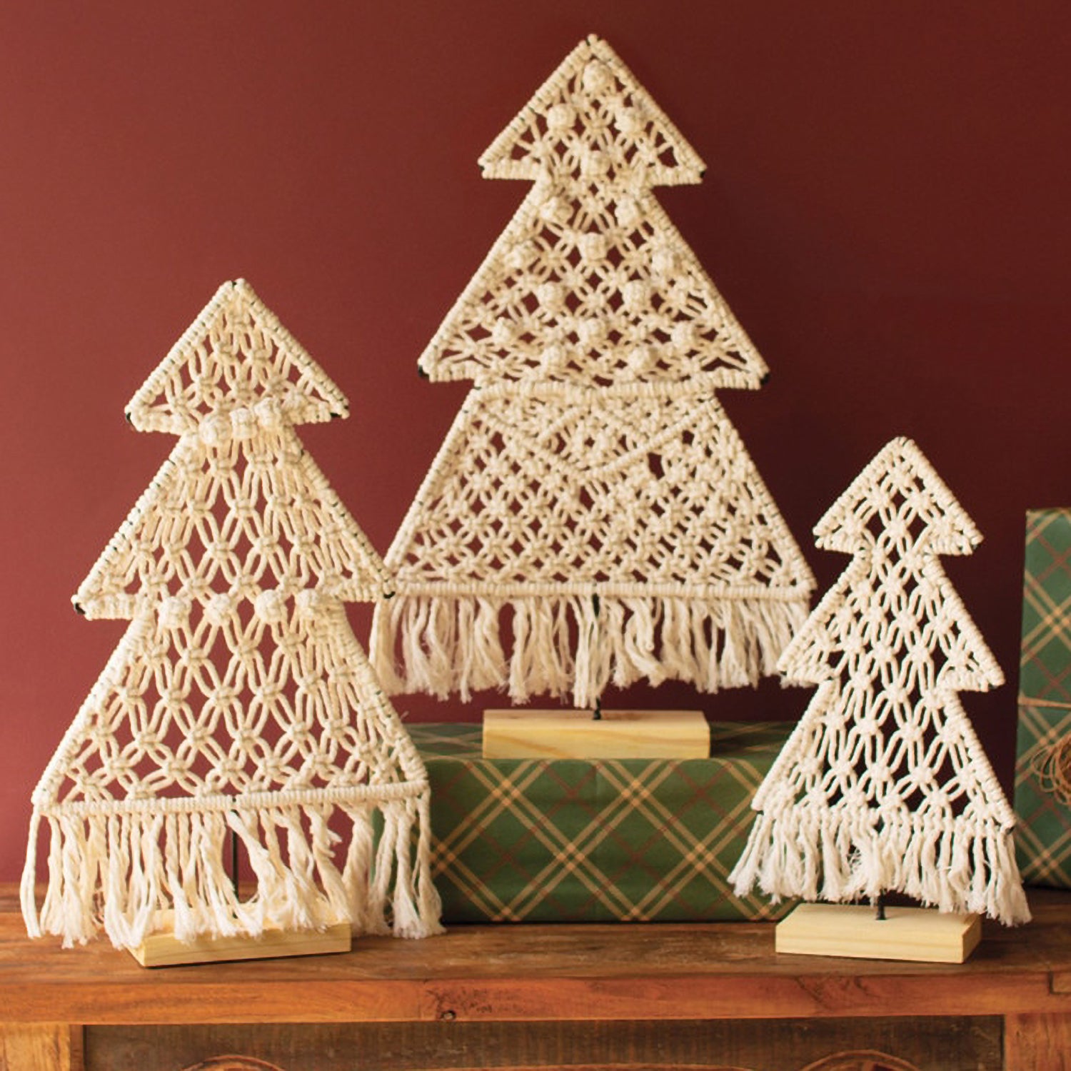 Macrame Christmas Trees on Wood Base Set of 3