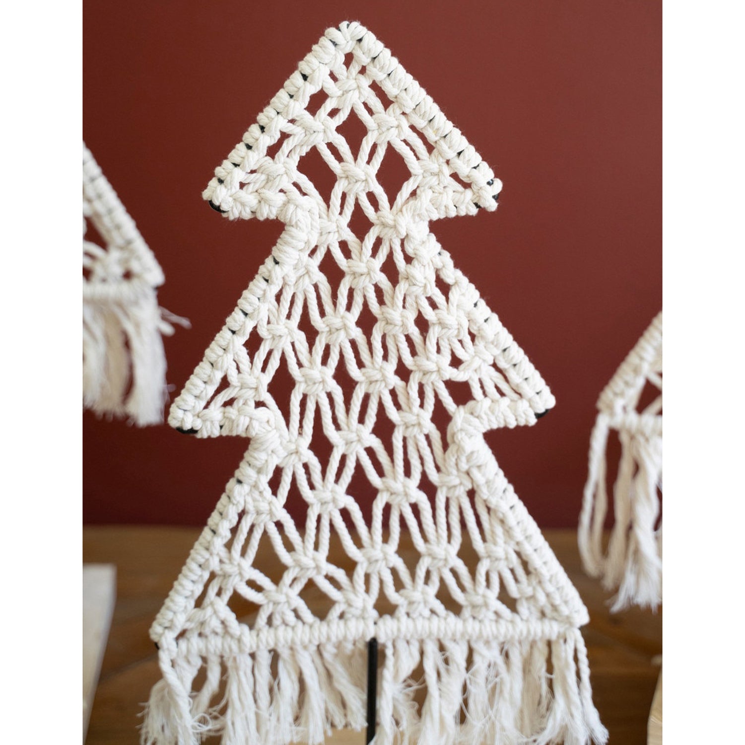 Macrame Christmas Trees on Wood Base Set of 3
