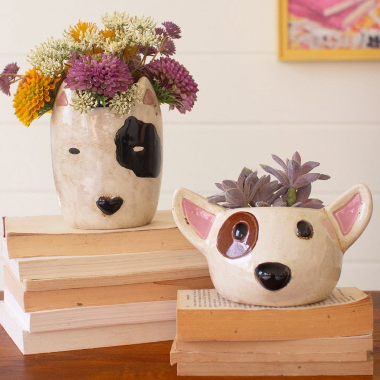 Black and White Dog Head Planter Set of 2
