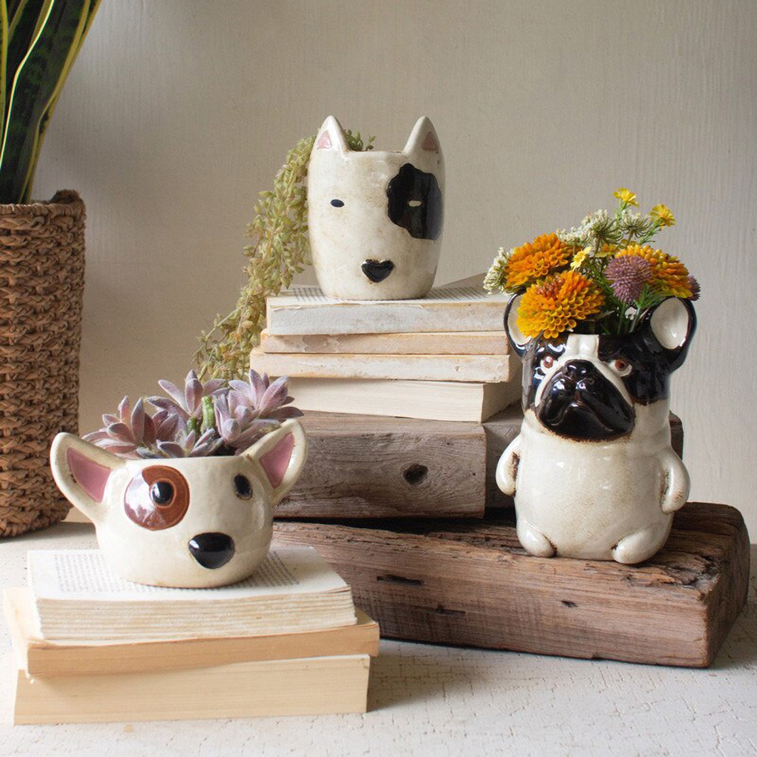 Black and White Dog Head Planter Set of 2