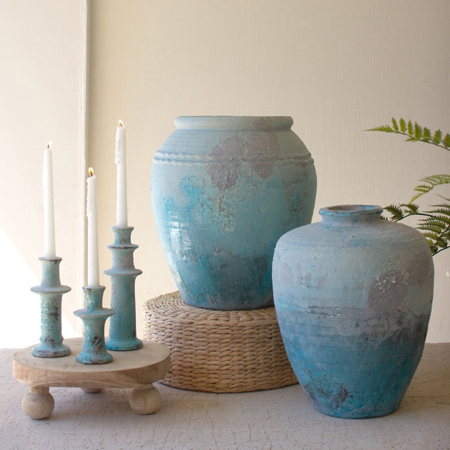 Antique Blue Taper Candle Holder Set of 3