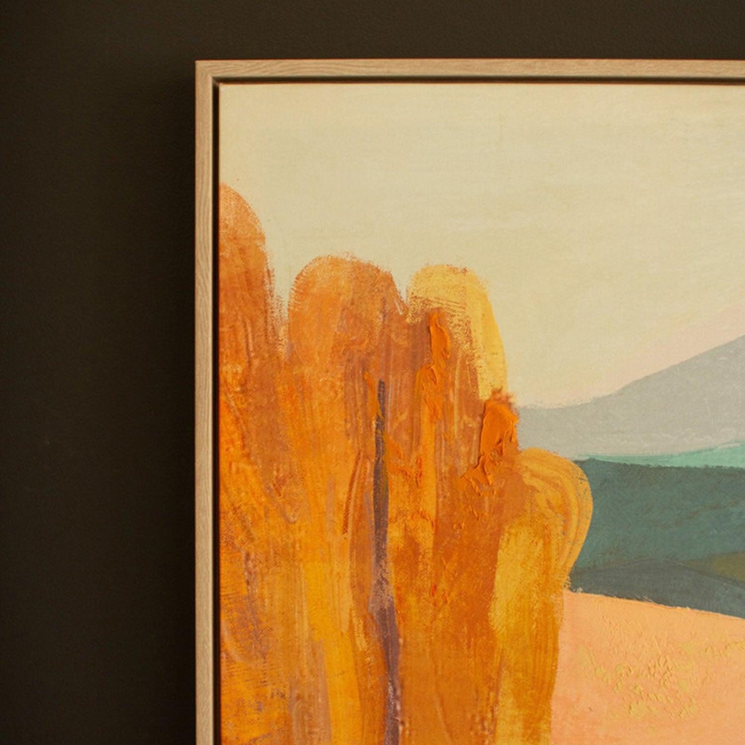 Framed rolling-hills landscape print, front view