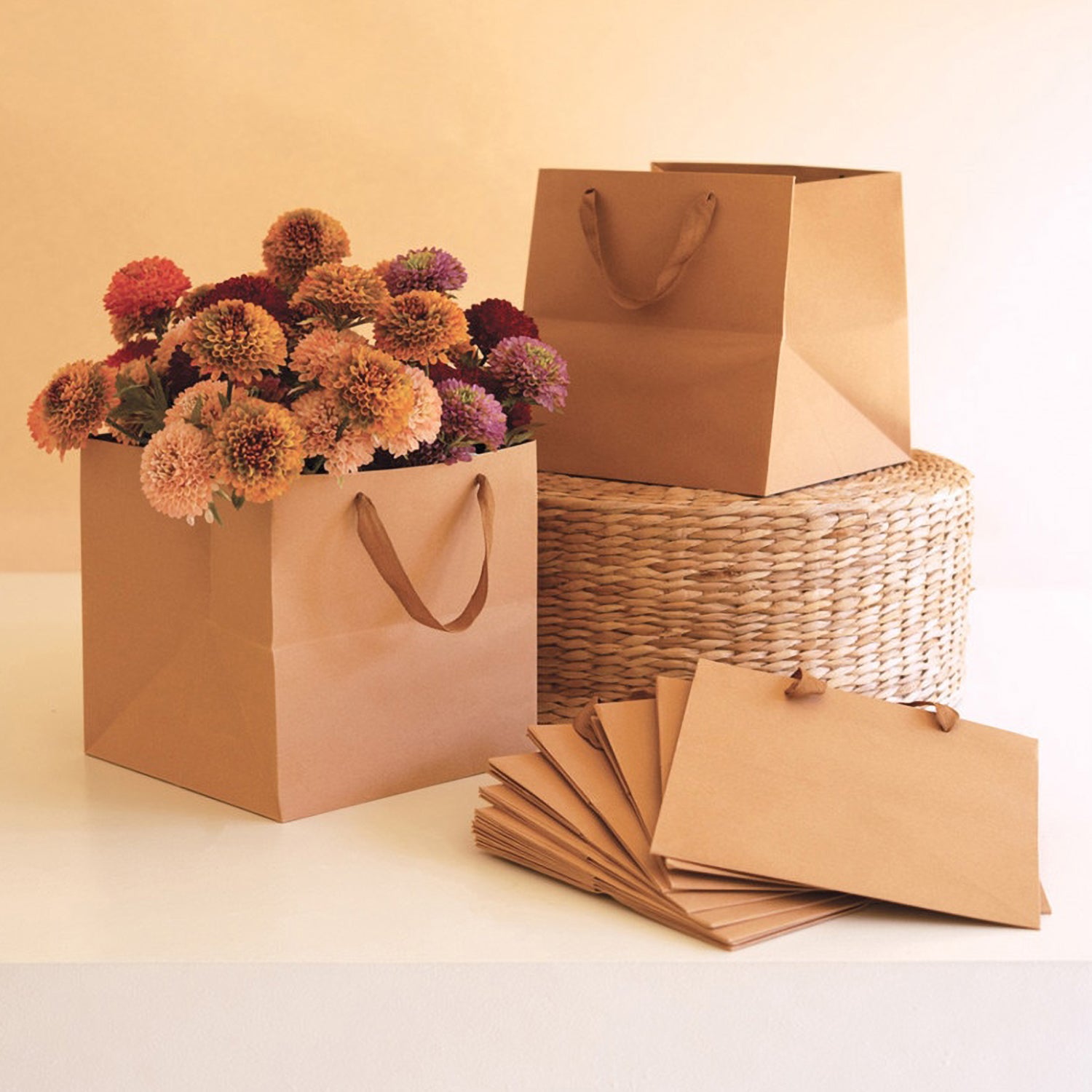 Kraft Paper Square Gift Bag with Dyed Cotton Handles Set of 12