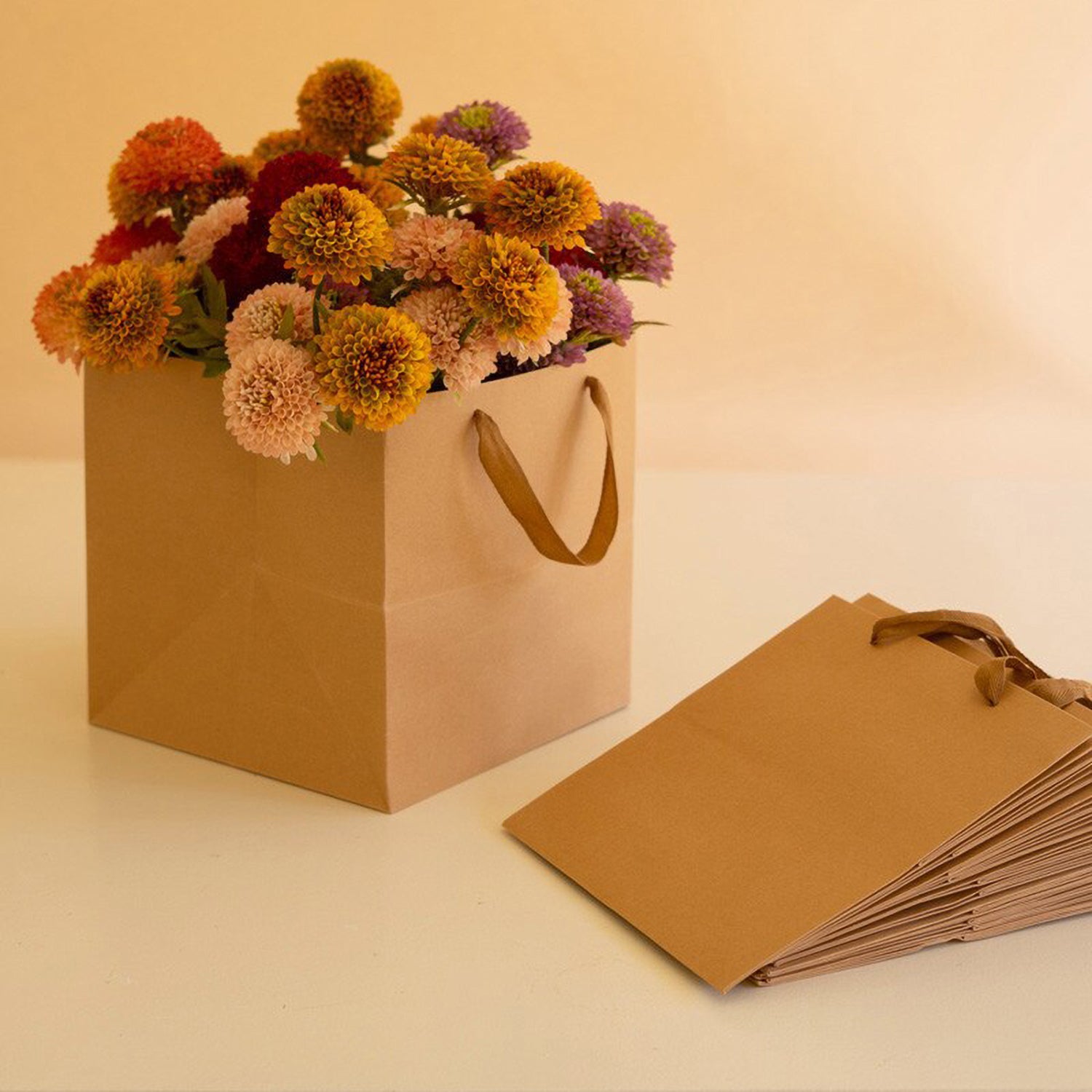 Kraft Paper Square Gift Bag with Dyed Cotton Handles Set of 12