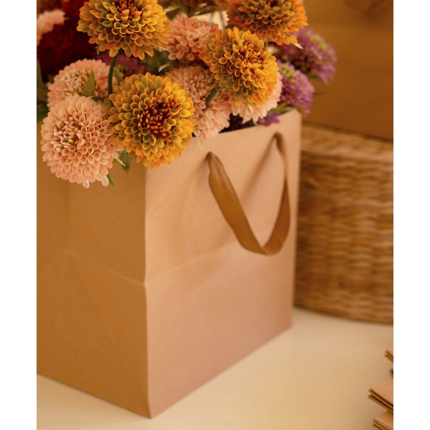 Kraft Paper Square Gift Bag with Dyed Cotton Handles Set of 12