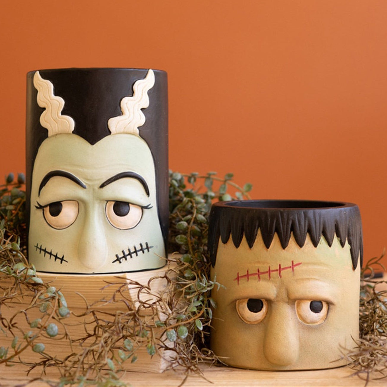 Frankenstein and Bride Resin Planter Set of 2
