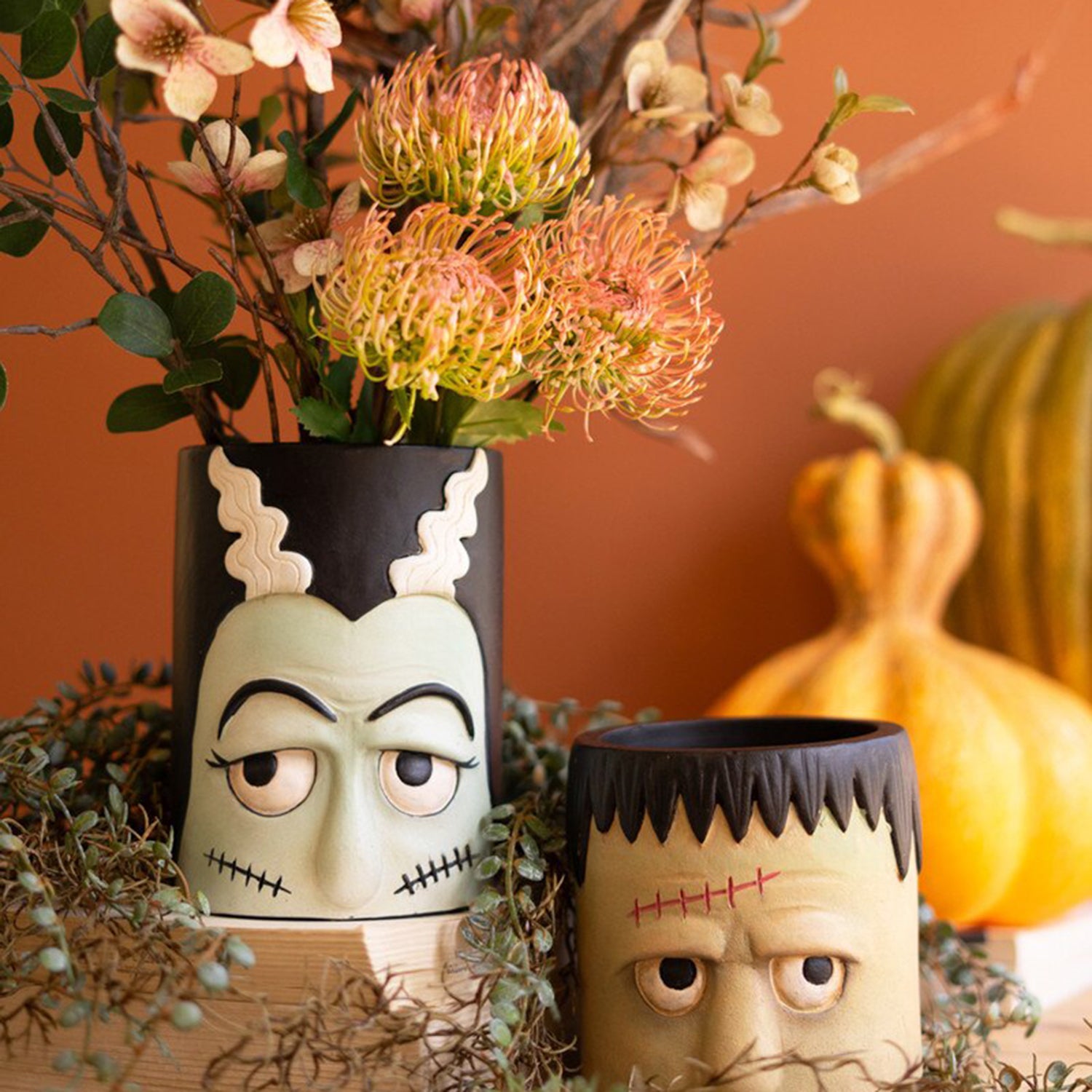 Frankenstein and Bride Resin Planter Set of 2