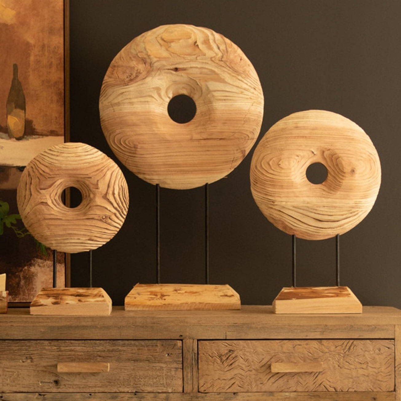 Round Wooden Wheels on Iron and Wood Base Set of 3