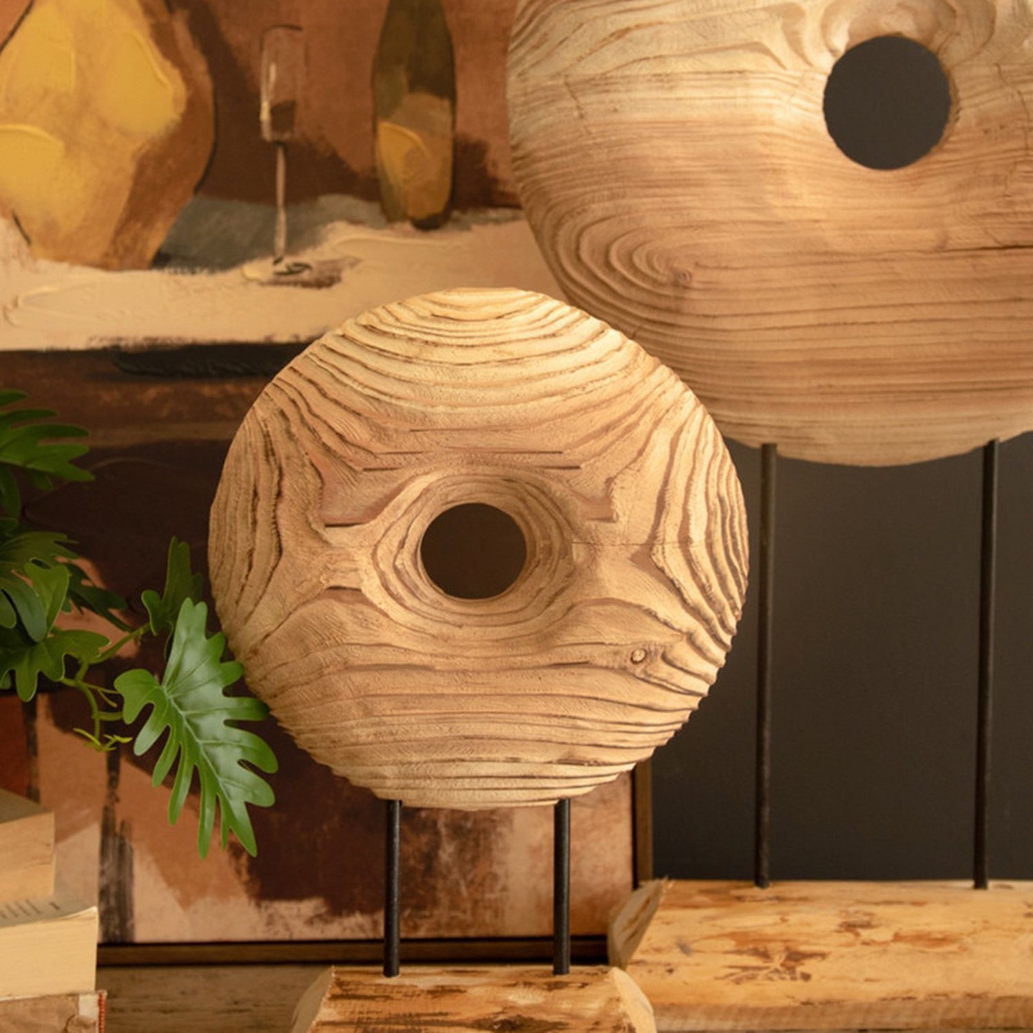 Round Wooden Wheels on Iron and Wood Base Set of 3