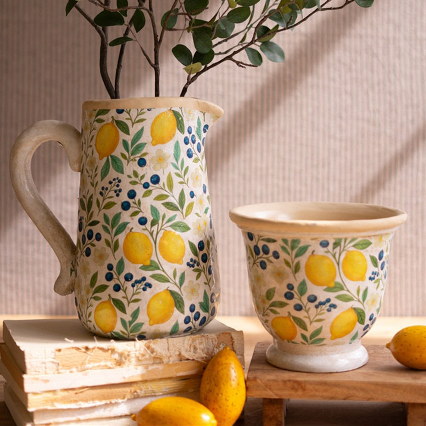 Lemons Cement Pitcher and Vase Set of 2