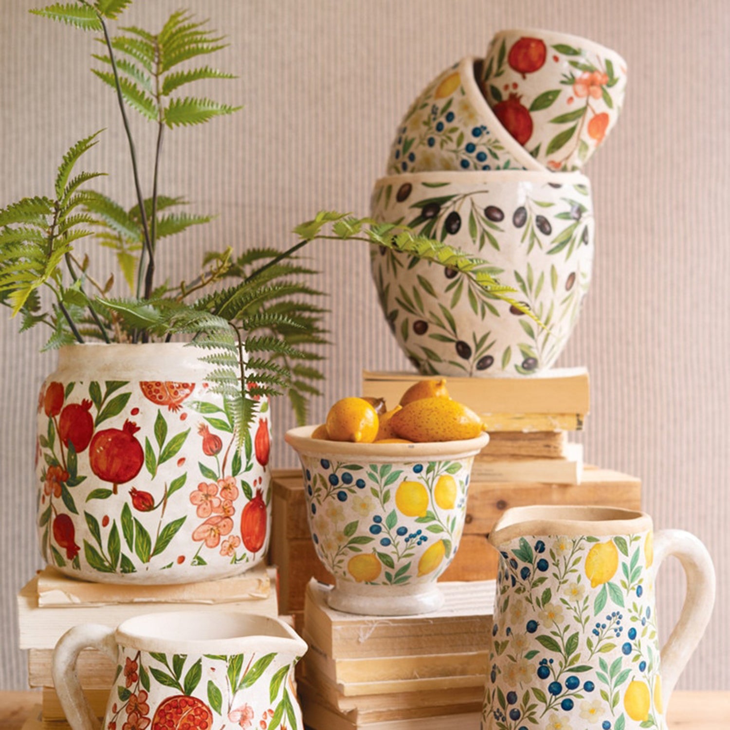 Olives, Lemons and Pomegranates Cement Planter Set of 3