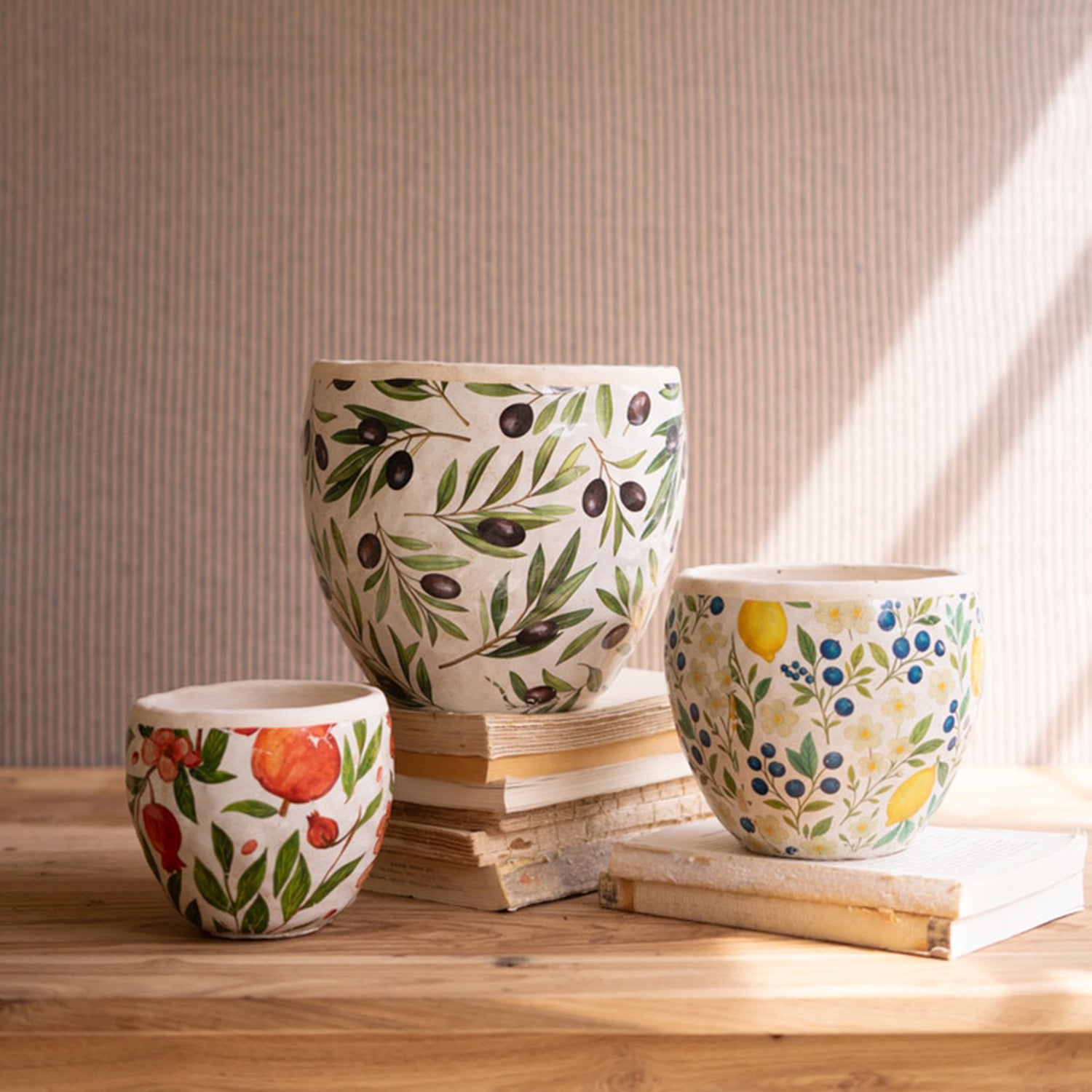 Olives, Lemons and Pomegranates Cement Planter Set of 3
