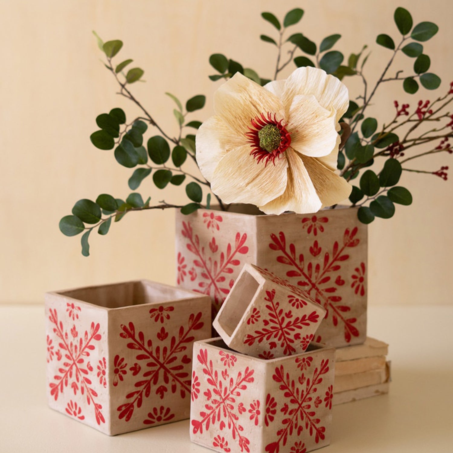 Square Cement Christmas Planters with Red Set of 4