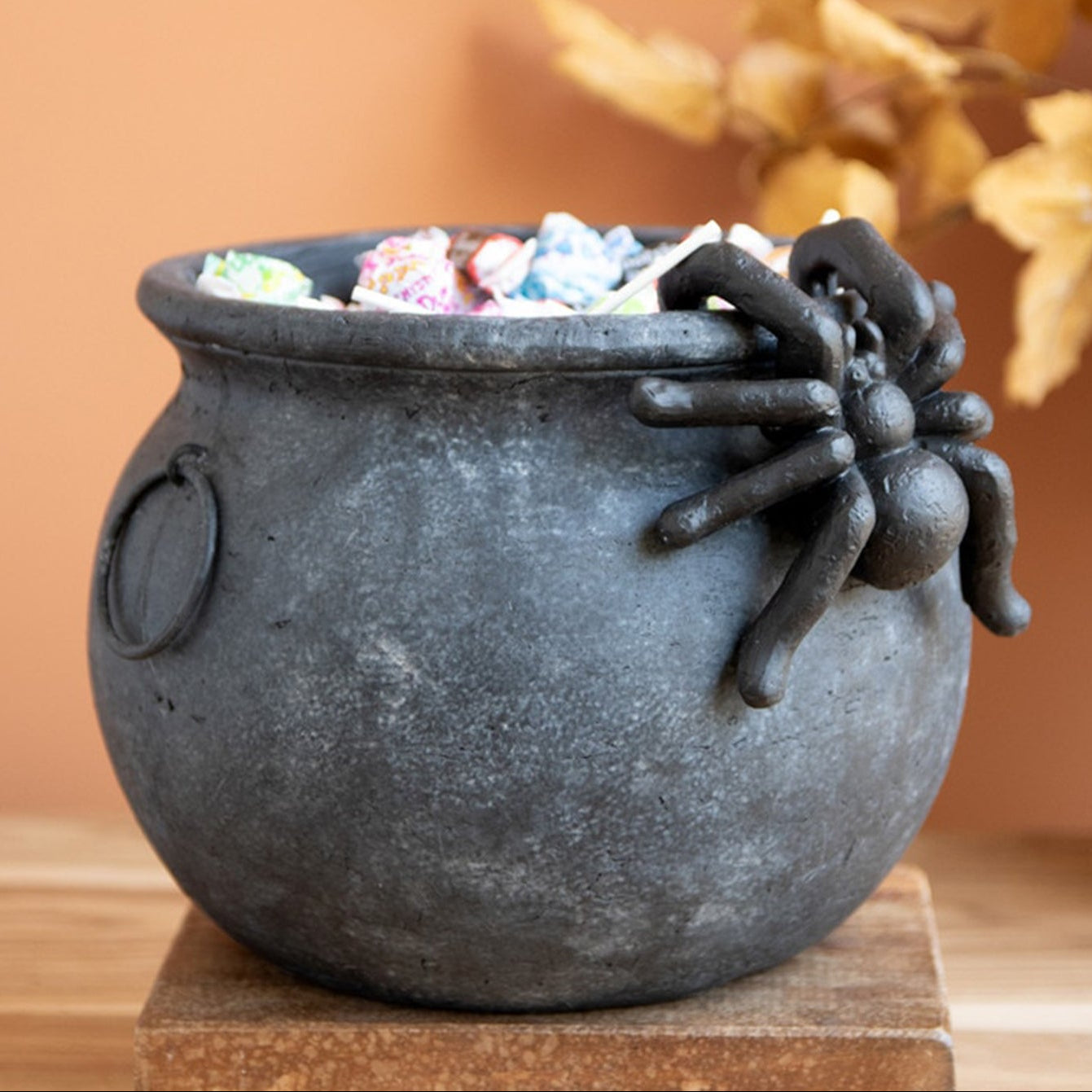 Black Terracota Halloween Candy Cauldron with Spider