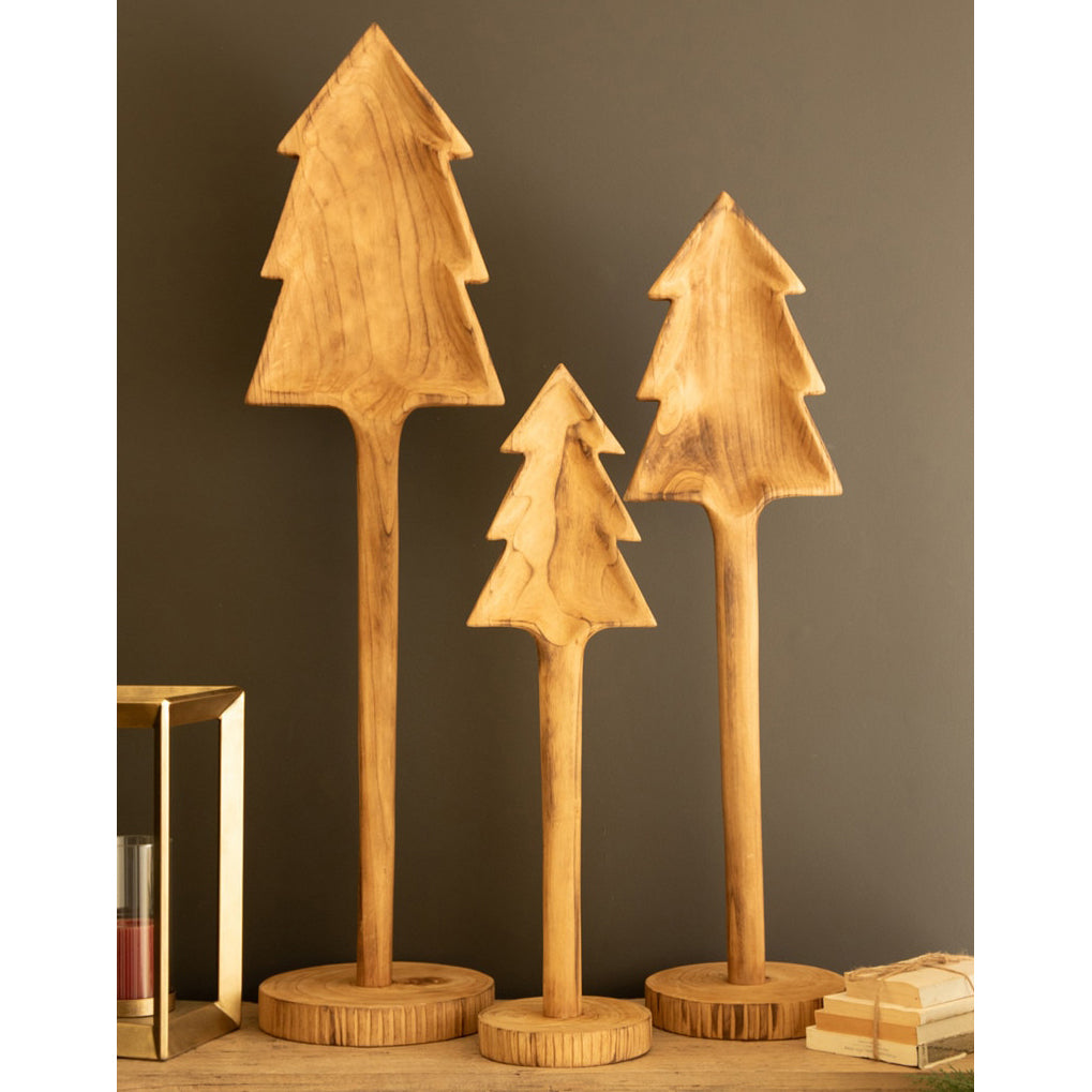 Tall Wooden Christmas Tree on Base Set of 3