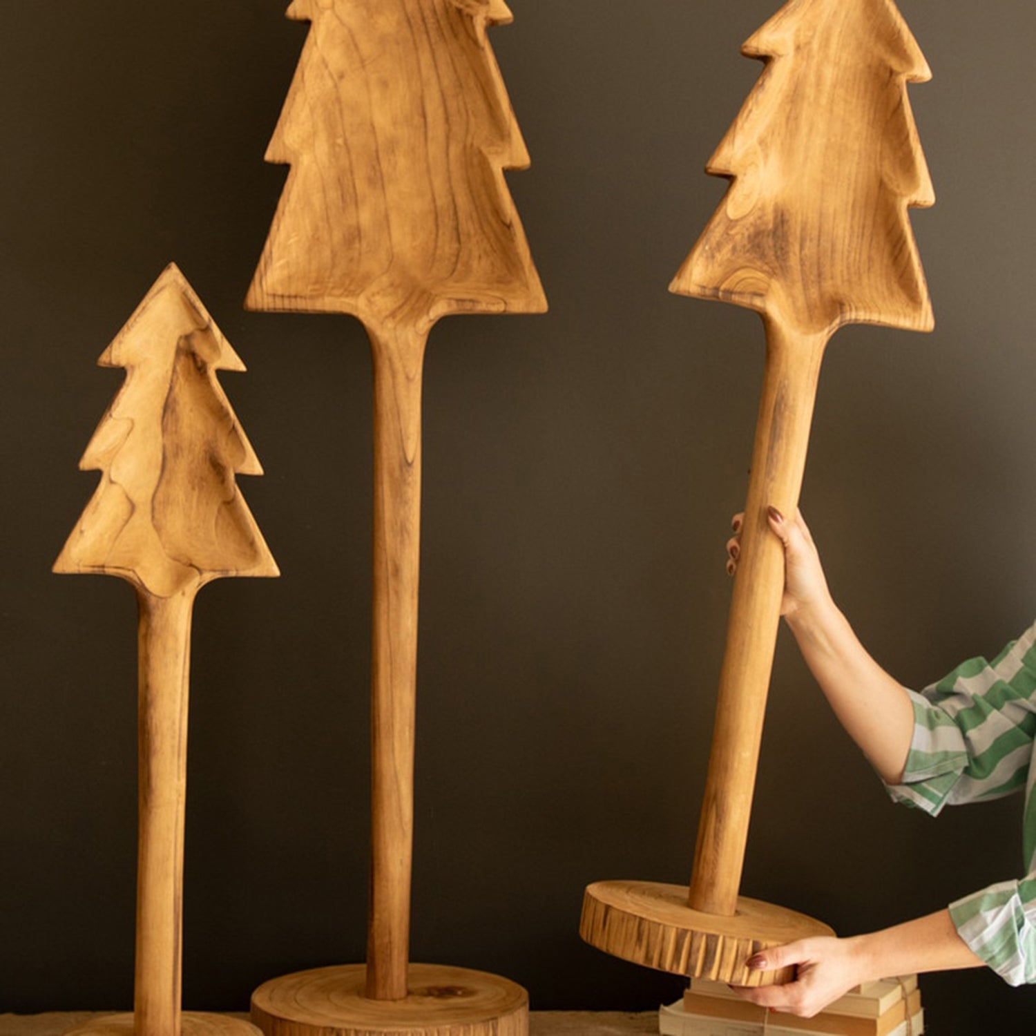 Tall Wooden Christmas Tree on Base Set of 3
